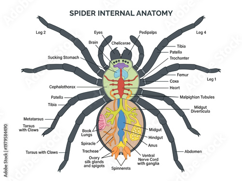 Detailed illustration of spider anatomy, showcasing internal organs and structural components for educational purposes