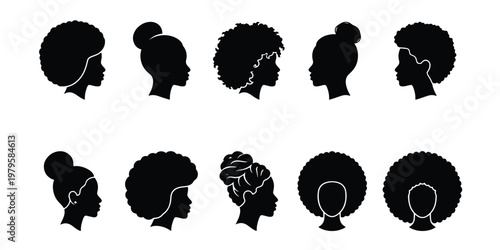 Black woman silhouette icons with natural afro hairstyles, set of 10 female profile head vectors, curly hair and bun styles for beauty branding