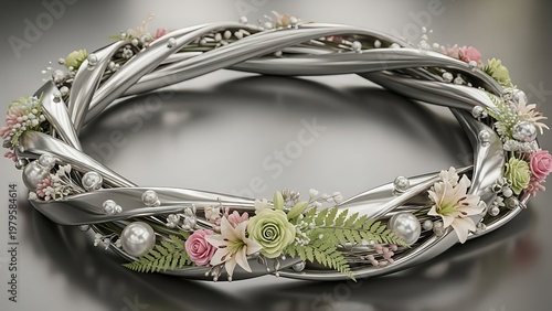 Elegant silver floral headpiece adorned with delicate botanical designs and small blossoms.