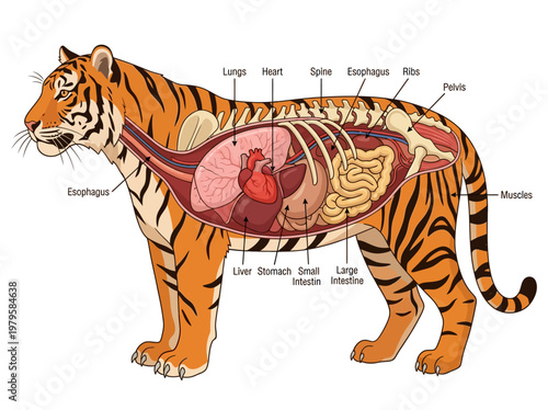 Detailed anatomical illustration of a tiger's internal organs and skeletal structure, showcasing its digestive and circulatory systems