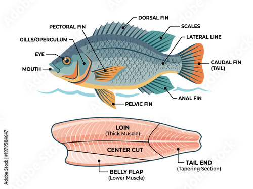 Detailed Diagram Illustrating the Anatomy and Cuts of a Tilapia Fish