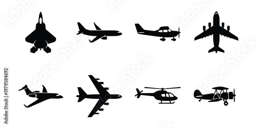 Aviation aircraft silhouettes set, 8 black airplane icons including fighter jet and helicopter, commercial and private plane vector collection
