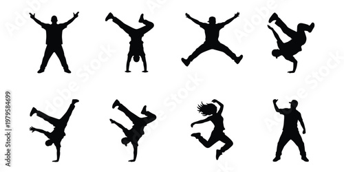 Breakdance silhouette collection with 8 vector elements, hip hop dancers performing acrobatic stunts, urban street dance poses and jumping figures