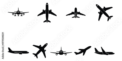 Airplane silhouette icons set, commercial aircraft vector collection, black plane symbols for flight tracking and travel logistics, 9 elements