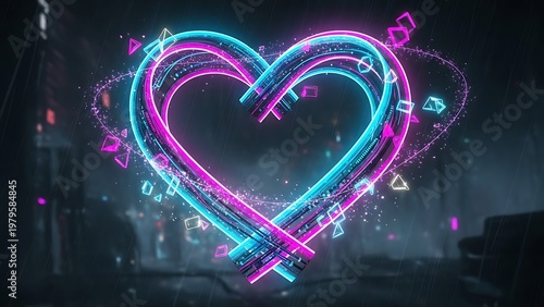Neon heart shape glowing with vibrant digital light trails on dark background