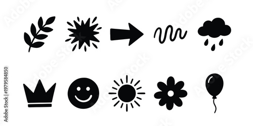 Hand drawn doodle icons set, black silhouette organic shapes and symbols, 10 vector elements for social media and creative design projects