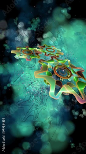 Abstract glowing gears rotating in outer space, surrounded by glowing particles and energy clouds, symbolize movement, technology and dynamic mechanical systems in a futuristic, surreal visual style.
