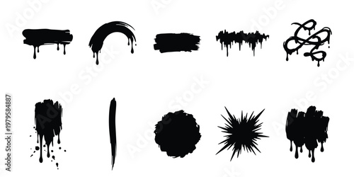 Grungy black ink drip brush strokes, collection of 10 spray paint splatter vector elements, urban graffiti liquid stains and textured blotches