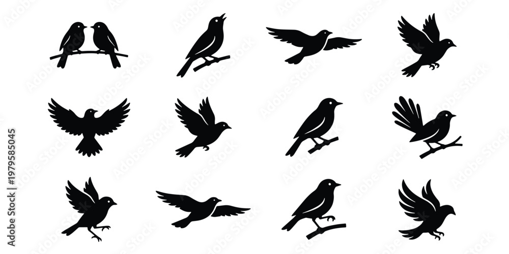 Fototapeta premium Black bird silhouettes collection, 12 flying and perched songbird vector icons, minimalist avian nature elements for logo design and branding