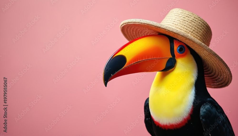 Obraz premium Toucan bird wears straw hat on pink background. It has large colorful beak, yellow chest, black wings. Perfect for summer vacation themes, tropical ads.
