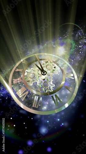 A surreal cosmic clock with rotating gears floats within a glowing galaxy, symbolizing the infinite flow of time, universal motion, and the connection between mechanics and the cosmos.
