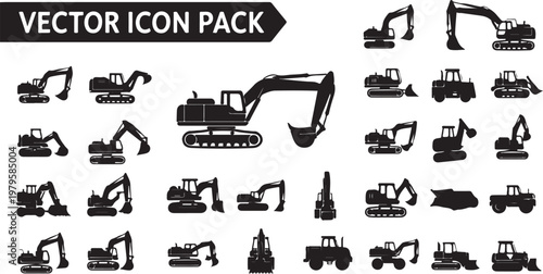 Vector icon pack of various construction equipment and vehicles