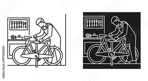 Monochrome depiction of a bicycle mechanic repairing a bike in workshop