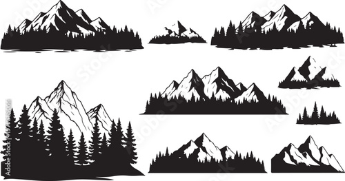 Mountain Silhouettes with Trees in Black and White Vector