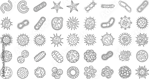Black and white vector illustration of diverse microorganism icons including bacteria, viruses, and microscopic life forms, decorative minimal composition