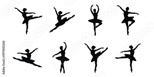 Ballerina silhouette set with 8 graceful poses, black ballet dancer figures in motion, elegant female performers for theater and dance studio branding