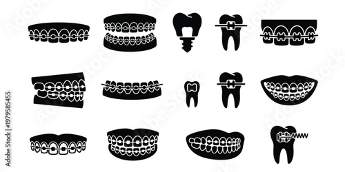 Dental braces and orthodontics icon set, black silhouette teeth with metal brackets and wires, professional dentistry and tooth alignment vector collection