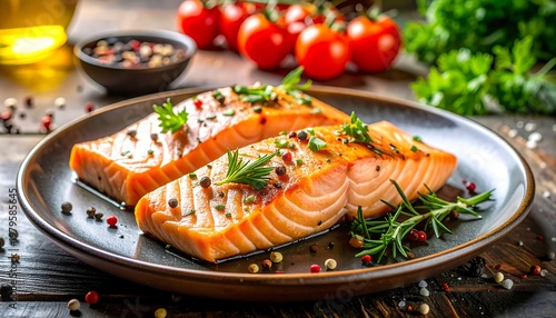 Delicious Grilled Salmon Fillets with Fresh Herbs and Tomatoes.