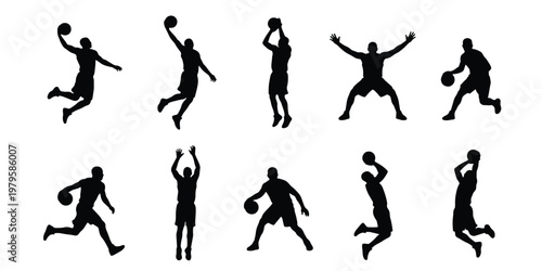 Basketball player silhouettes set, 10 athletic male figures in action poses, black vector sports icons for dunking and dribbling graphics
