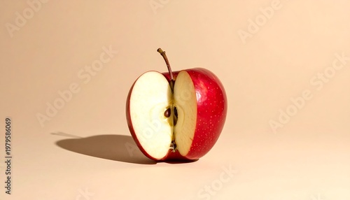 A Red Apple Cut in Half on a Neutral Background.