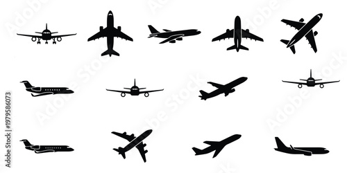 Airplane silhouette collection, 13 black aircraft vector icons, commercial jet plane set in various flight angles, aviation and travel symbols