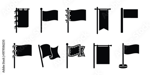 Medieval flag silhouette icons, set of 10 black banner vectors on poles, ancient heraldry pennant shapes, historical kingdom flag graphics for maps