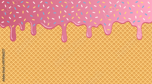 A glossy pink strawberry glaze, heavily scattered with vibrant blue, yellow, and white sprinkles, drips deliciously down the textured grid of a crispy, golden-brown waffle cone in this vector artwork
