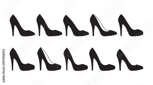 Ten black high heel shoe silhouettes arranged in two rows on a white background