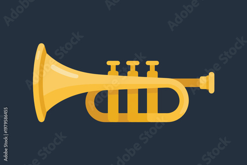 Golden trumpet with flared bell and three valves on dark blue background, stylized vector illustration.