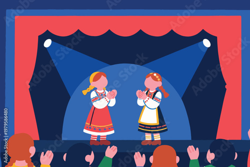 Two performers in traditional folk costumes clapping on stage with red curtain and blue backdrop, audience applauding, stylized vector illustration.