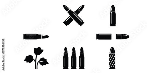 Minimalist bullet icon set, black silhouette ammunition vector elements, 7 weapon cartridge symbols for military and hunting graphics