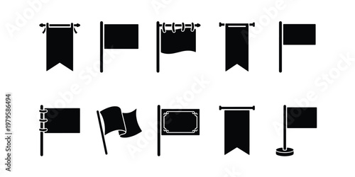 Black flag icons set, medieval pennant and banner silhouettes, collection of 10 vector flag symbols for maps and heraldry, minimalist signage elements