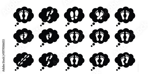 Minimalist footprint icons in thought bubbles, set of 15 black and white foot print symbols, human feet and shoe sole silhouettes in speech clouds
