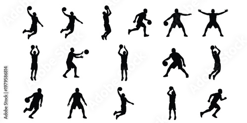 Basketball player silhouettes set, 15 athlete vector icons, professional basketball players dunking and dribbling, sports action poses on white background