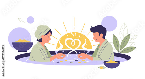 Couple Enjoying Relaxing Spa Bath with Sun and Heart Symbol