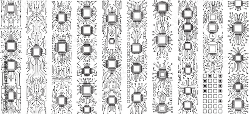 Computer chip and circuit board elements graphic design technological pattern for technology industry abstract background.