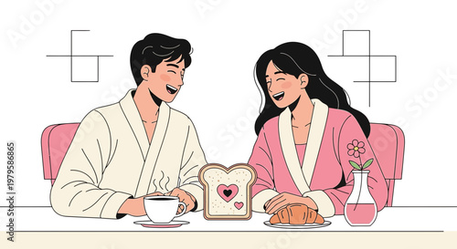Couple Enjoying Romantic Breakfast in Bathrobes, Love Hearts Toast