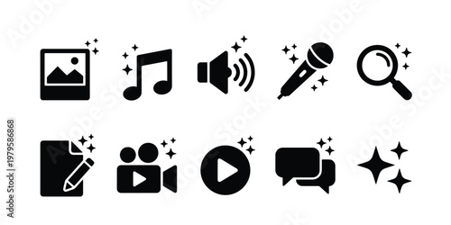 Minimalist AI content generation icons, set of 10 black vector symbols for artificial intelligence tools, magic sparkle multimedia editing icons