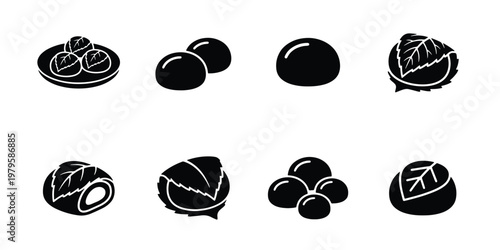 Japanese mochi icon set, traditional wagashi sweets and rice cake vector illustrations, 8 black solid glyph icons for asian dessert menus