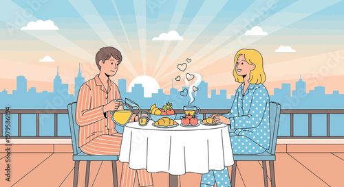 Couple Enjoying Romantic Breakfast on Balcony with Cityscape Sunrise