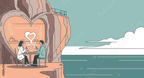 Couple Enjoying Romantic Date Inside Heart-Shaped Cave by the Sea