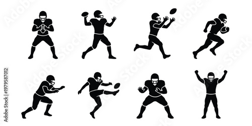 American football player silhouettes set, 8 black vector icons of athletes in action, sports competition figures for team logos and graphic design