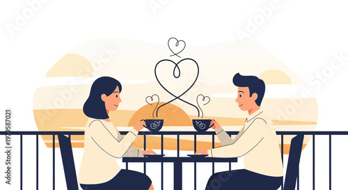Couple enjoying coffee date with heart symbols at sunset, romantic illustration