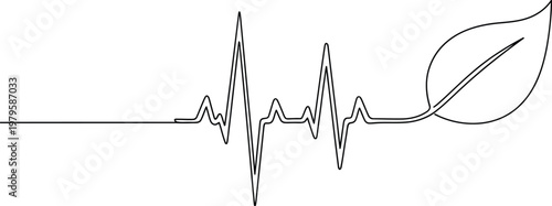 Single line drawing of a heartbeat rhythm transforming into a green leaf showing the connection between nature and health