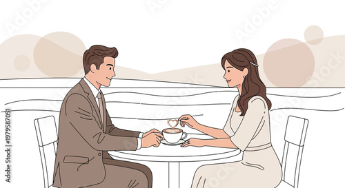 Couple enjoying coffee date, heart shaped steam rising from cup, romantic illustration