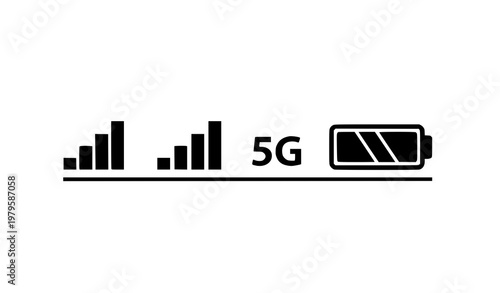 Smartphone status bar icons with signal strength 5G network and full battery black vector set isolated on white