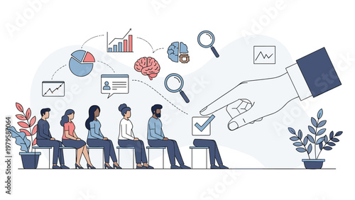 Recruitment process concept featuring human hand selecting candidate from diverse group with professional data and skill icons above.