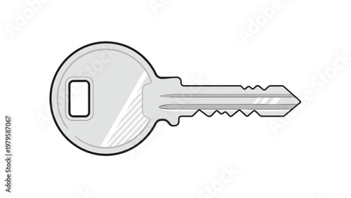 Simple silver metal door key illustration with standard serrated edge and round head for home security concept.