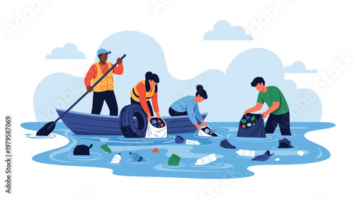 Environmental volunteers cleaning up plastic bottles and debris from ocean water using boat to protect marine life.