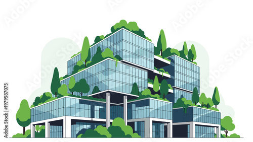 Sustainable modern architecture featuring glass office building heavily integrated with lush green trees and rooftop gardens for eco-friendly design.